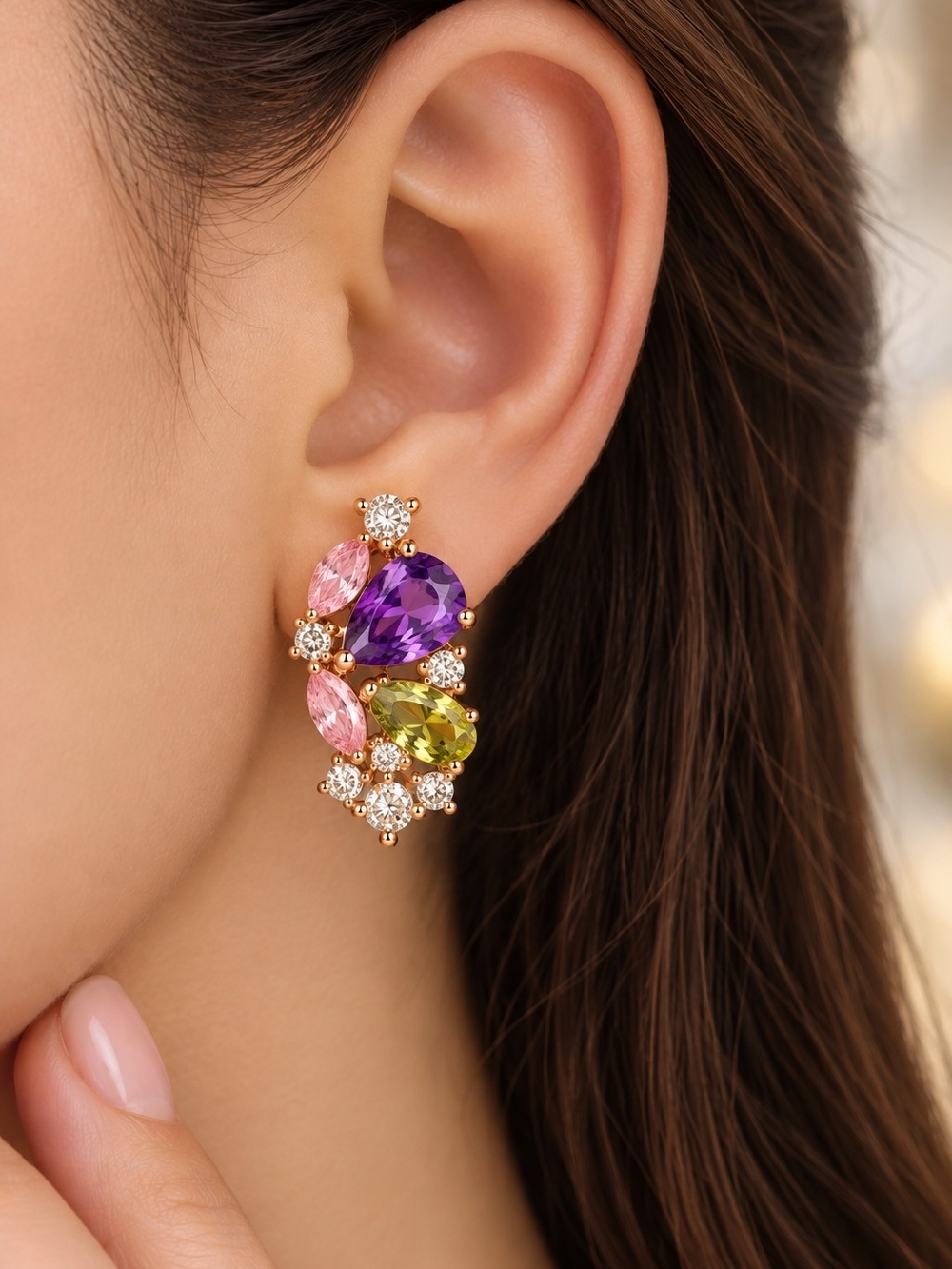 Gold-Tone Multi-Gem Teardrop Earrings in Purple, Pink & Green - Picture 2 of 4
